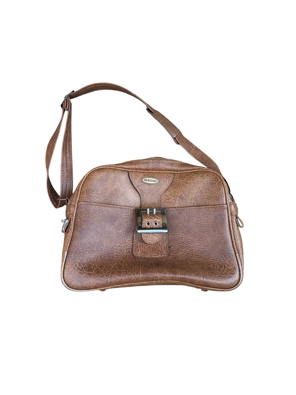 Vintage 1970s Meridian Faux Leather Brown Travel Shoulder Bag Vegan Leather